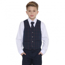 Boys Navy & Red Check 4 Piece Waistcoat Suit
